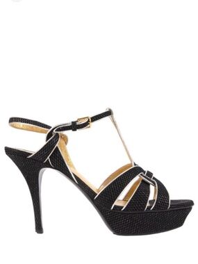 YSL Yves Saint Laurent Tribute Black Silver Platform Heel Sandals